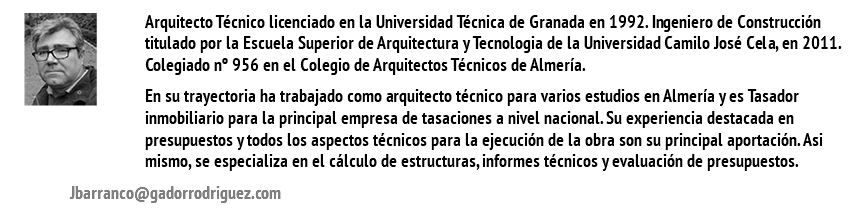 ﷯Arquitecto Técnico licenciado en la Universidad Técnica de Granada en 1992. Ingeniero de Construcción titulado por la Escuela Superior de Arquitectura y Tecnologia de la Universidad Camilo José Cela, en 2011. Colegiado nº 956 en el Colegio de Arquitectos Técnicos de Almería. En su trayectoria ha trabajado como arquitecto técnico para varios estudios en Almería y es Tasador inmobiliario para la principal empresa de tasaciones a nivel nacional. Su experiencia destacada en presupuestos y todos los aspectos técnicos para la ejecución de la obra son su principal aportación. Asi mismo, se especializa en el cálculo de estructuras, informes técnicos y evaluación de presupuestos. Jbarranco@gadorrodriguez.com
